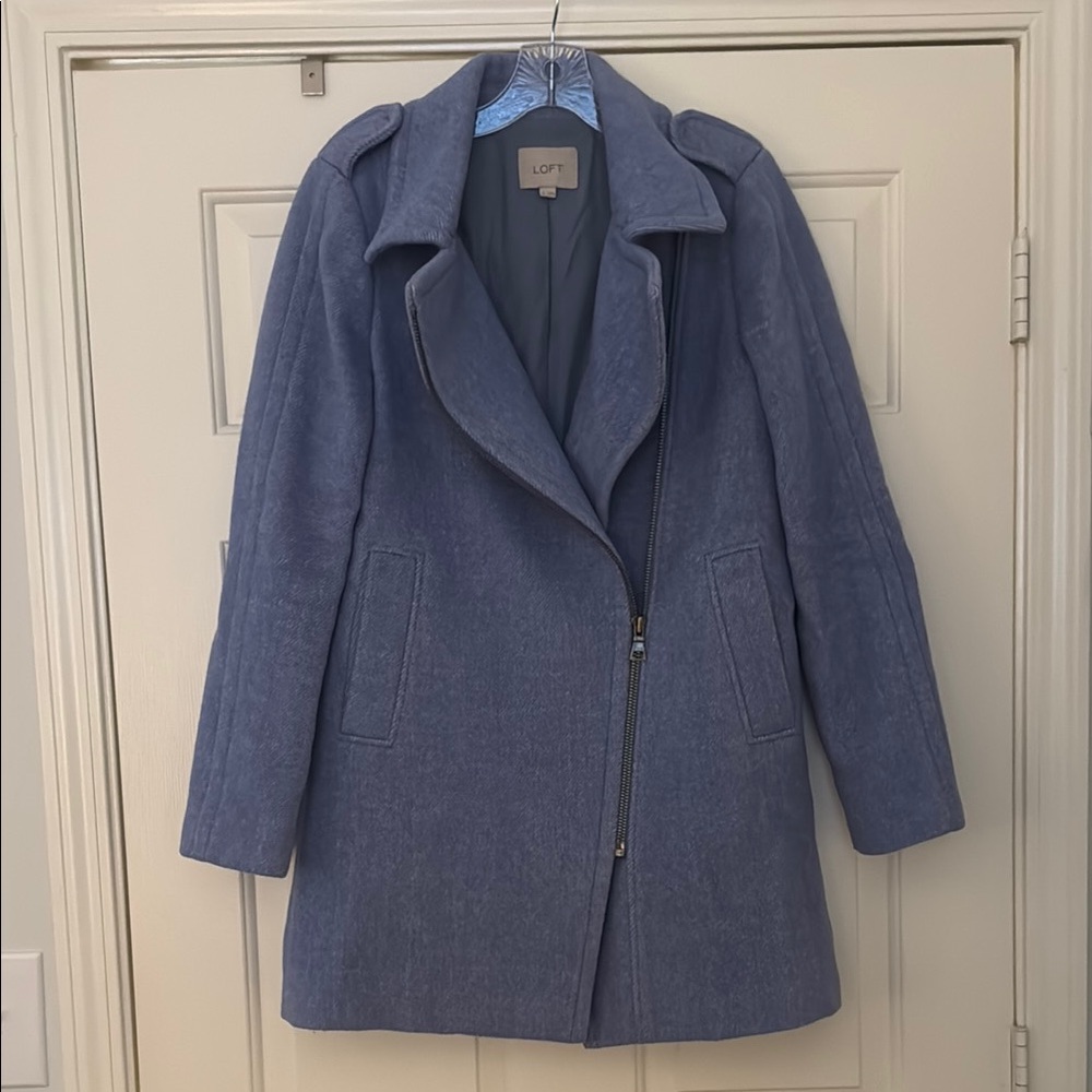 LOFT Blue Trench Coat with Notched Lapel and Asymmetrical Zipper